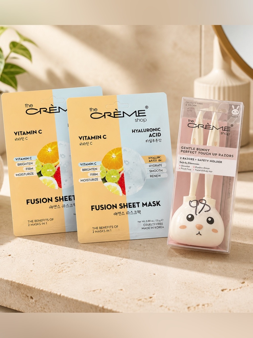 NIB The Creme Shop Bundle Bunny Touch Up Facial Razors Fusion Facial Sheet Masks
